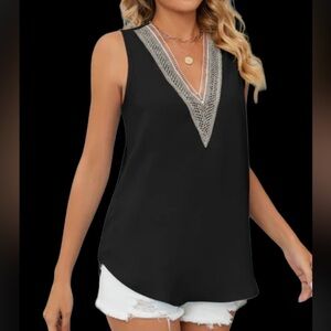 black grey detail beaded V-neck Chiffon sleeveless blouse Sz M
